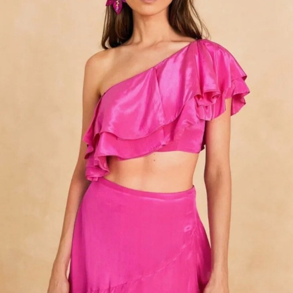 Pink One-Shoulder Ruffle Crop Top - Picture 1 of 2